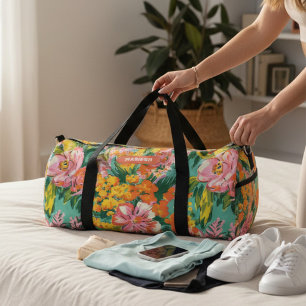 Modern Tropical Floral Pattern Personalised Name Duffle Bag