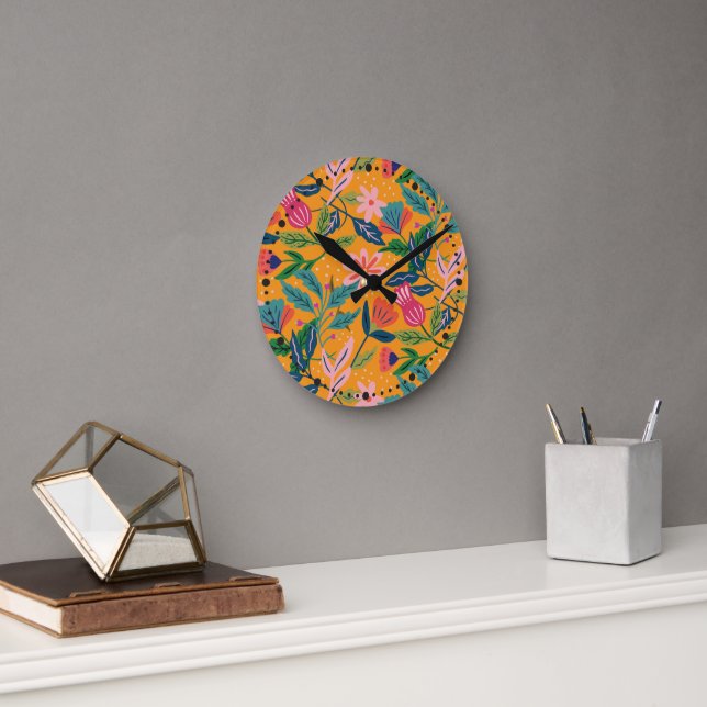 Modern Tropical Floral Pattern Round Clock (Office)