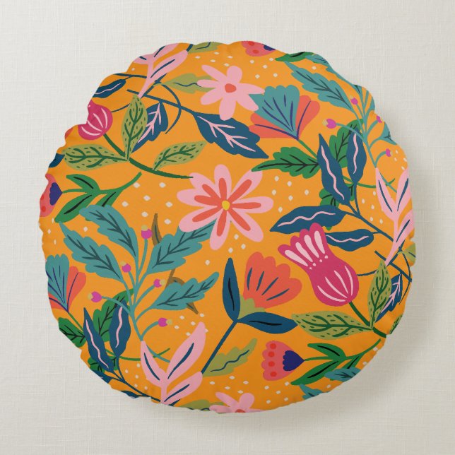 Modern Tropical Floral Pattern Round Cushion (Front)
