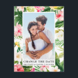 Modern Tropical Floral Photo Change The Date Postcard<br><div class="desc">Modern Tropical Floral,  Greenery and Palm Leaves Change The Date Wedding Postponement New Wedding Date Couple Photo Postcard</div>