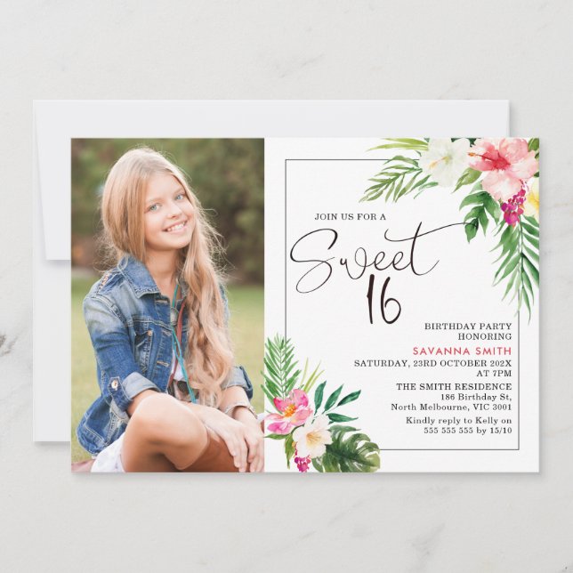 Modern Tropical Floral Photo Sweet 16 Birthday Invitation (Front)