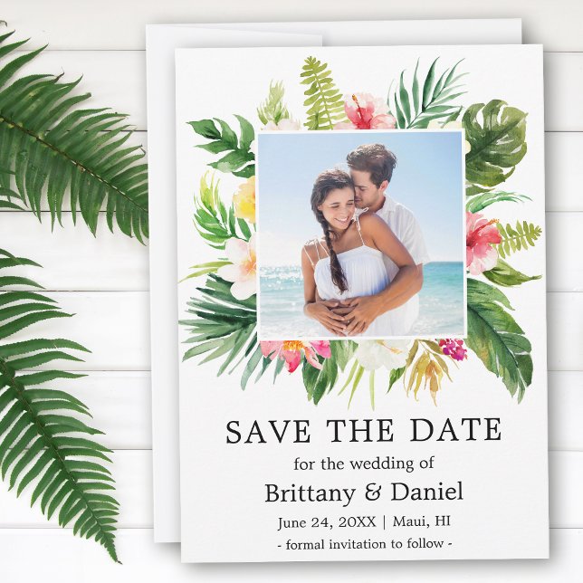 Modern Tropical Floral Save The Date Photo Card (Customize to change text size, style or to add more text to back of card.)