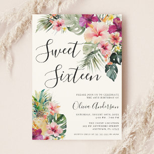 Modern Tropical Floral Sweet 16 Beige Invitation