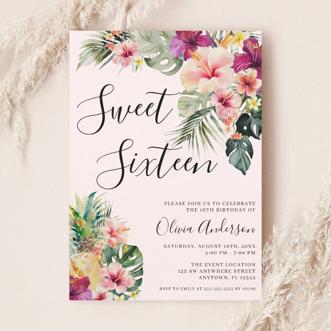 Modern Tropical Floral Sweet 16 Pink Invitation (Creator Uploaded)