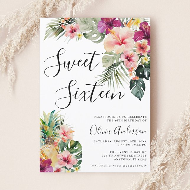 Modern Tropical Floral Sweet 16 White Invitation (Creator Uploaded)