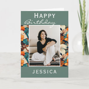 Modern Tropical Flower Leaf Pattern Photo Birthday Card