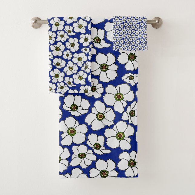 Modern Tropical Flowers On Blue  Bath Towel Set (Insitu)