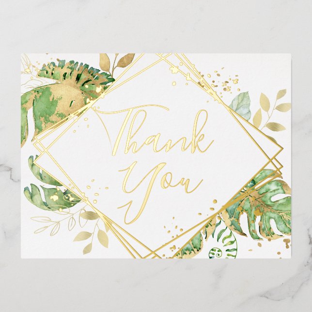 Modern Tropical Foliage Wedding Thank You Foil Invitation Postcard (Front)