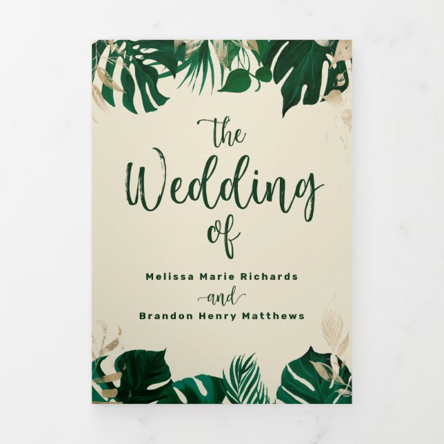 Modern Tropical Foliage with Gold Wedding Ceremony Tri-Fold Programme (Cover)