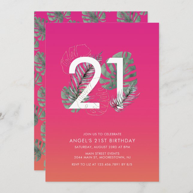 Modern Tropical Fuchsia 21st Birthday   Invitation (Front/Back)