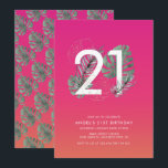 Modern Tropical Fuchsia 21st Birthday   Invitation<br><div class="desc">This fun modern twenty-first birthday invitation has a tropical pink and orange sunset background,  watercolor tropical leaves that wrap around a 21 and simple text. The back features a matching sunset background and watercolor tropical monstera leaf pattern.</div>