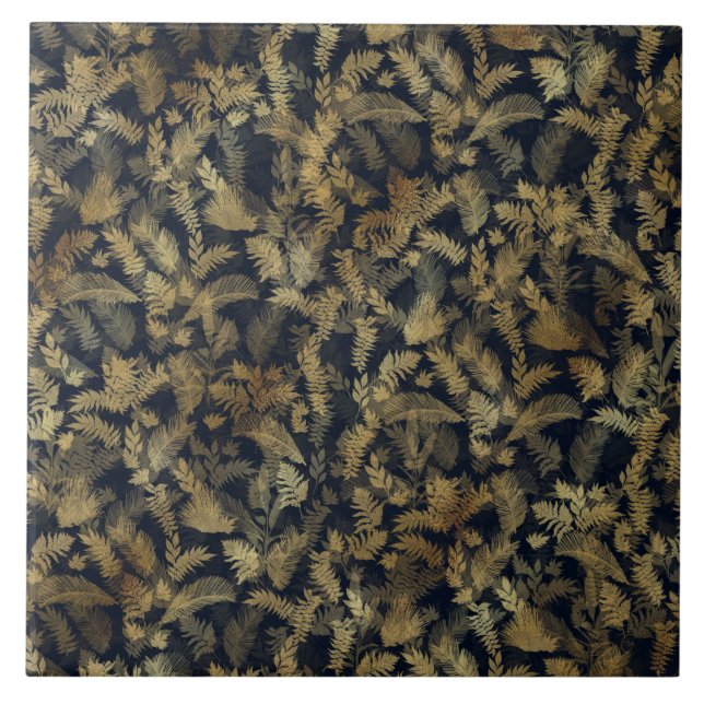 Modern Tropical Gold Foliage Blue Pattern Tile (Front)