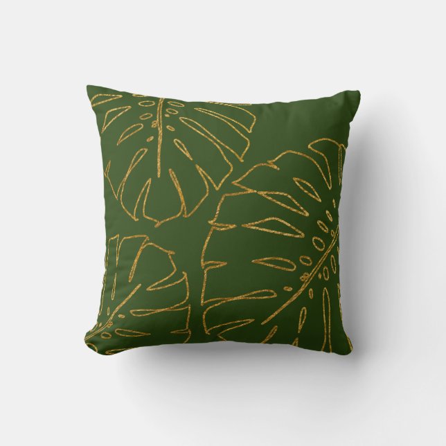 Modern Tropical Gold Monstera pillow (Front)