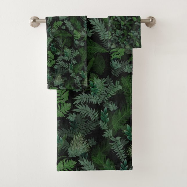 Modern tropical green foliage Black pattern Bath Towel Set (Insitu)
