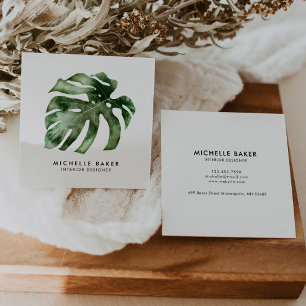 Modern Tropical Green Leaf Watercolor Square Business Card