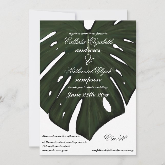 Modern Tropical Green Monstera Leaf Wedding Invitation (Front)