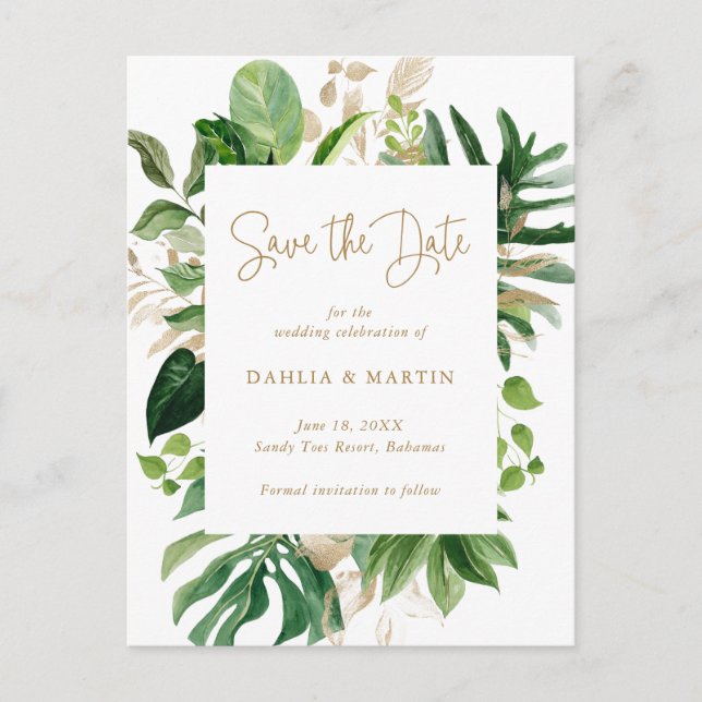 Modern Tropical Greenery Gold Save the Date Announcement Postcard (Front)