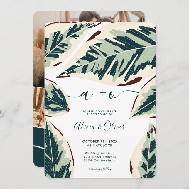 Modern tropical greenery leaf 4 photos wedding invitation (Front/Back)