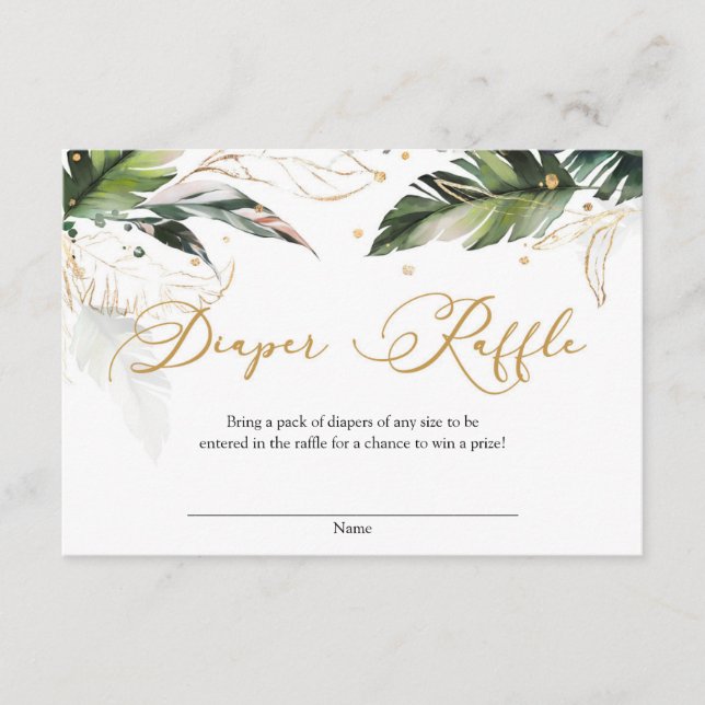 Modern tropical greenery leaves gold diaper raffle enclosure card (Front)