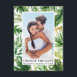Modern Tropical Greenery Photo Change The Date Postcard<br><div class="desc">Modern Tropical Greenery and Palm Leaves Change The Date Wedding Postponement New Wedding Date Couple Photo Postcard</div>