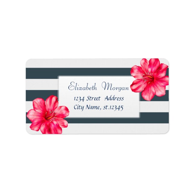 Modern Tropical ,Hibiscus Navy Blue Stripe Label (Front)