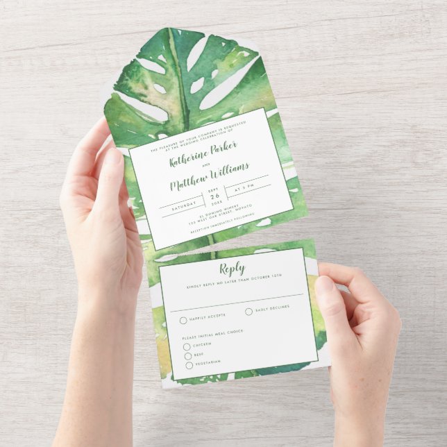 Modern Tropical Island Palm Wedding All In One Invitation (Tearaway)