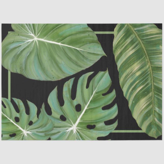 Modern Tropical Jungle Leaf Black Green Decoupage Tissue Paper (Front)
