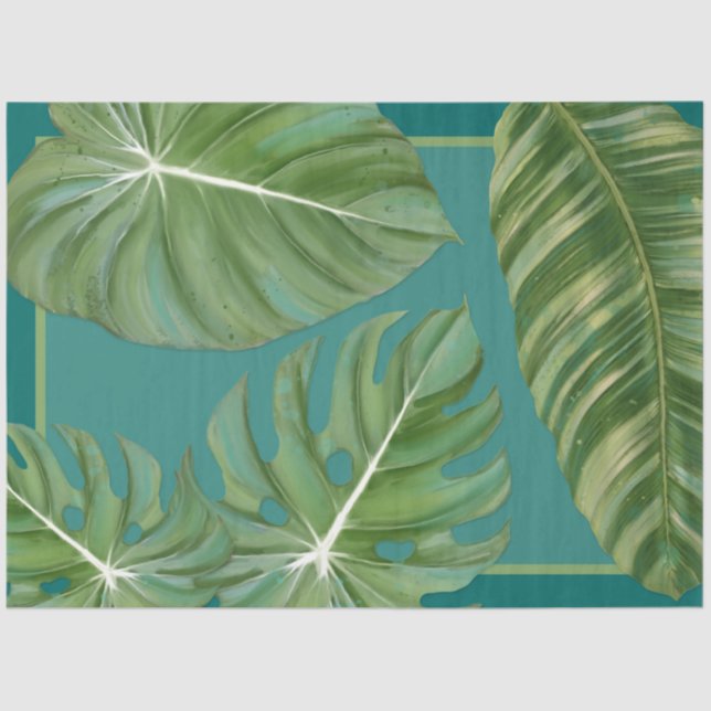 Modern Tropical Jungle Leaf Teal Blue Decoupage Tissue Paper (Front)