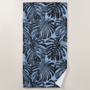 Modern Tropical Jungle Leaves Dark Blue Beach Towel