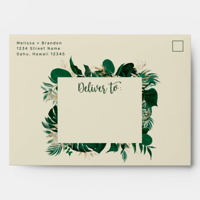 Modern Tropical Leaf Frame Upscale 5x7 Wedding Envelope (Front)