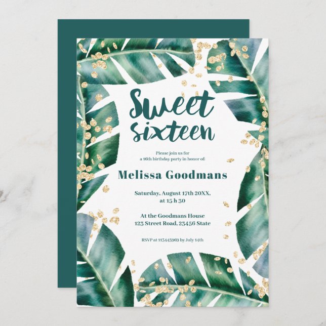 Modern tropical leaf gold watercolor Sweet 16 Invitation (Front/Back)