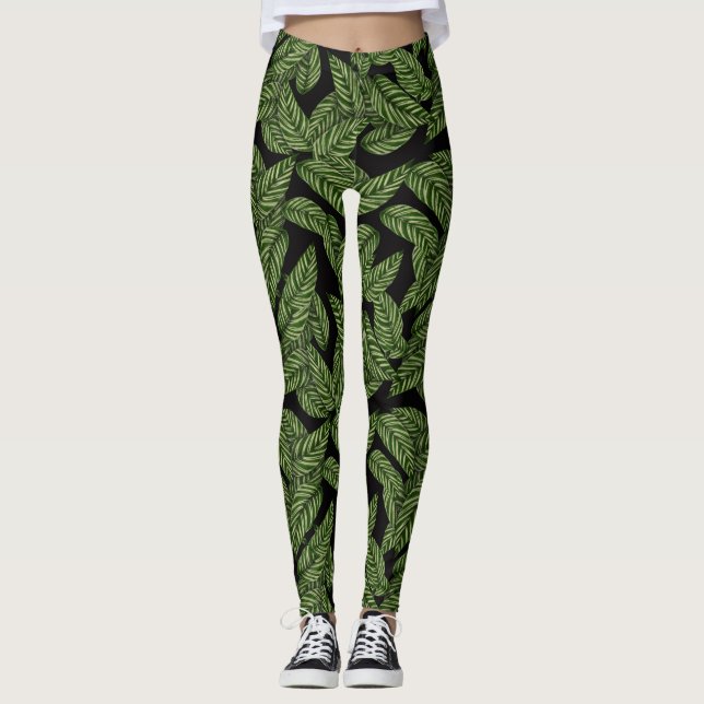 Modern Tropical Leaf Leaves Pattern Leggings (Front)
