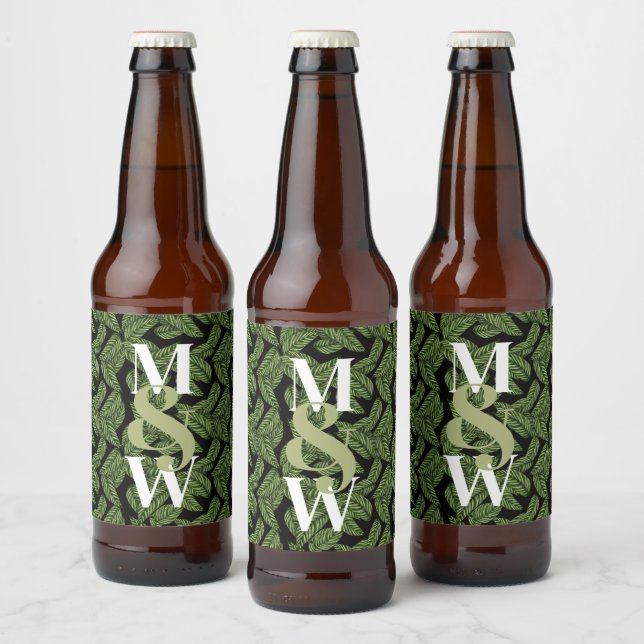 Modern Tropical Leaf Palm Plant Print Monogram  Beer Bottle Label (Bottles)