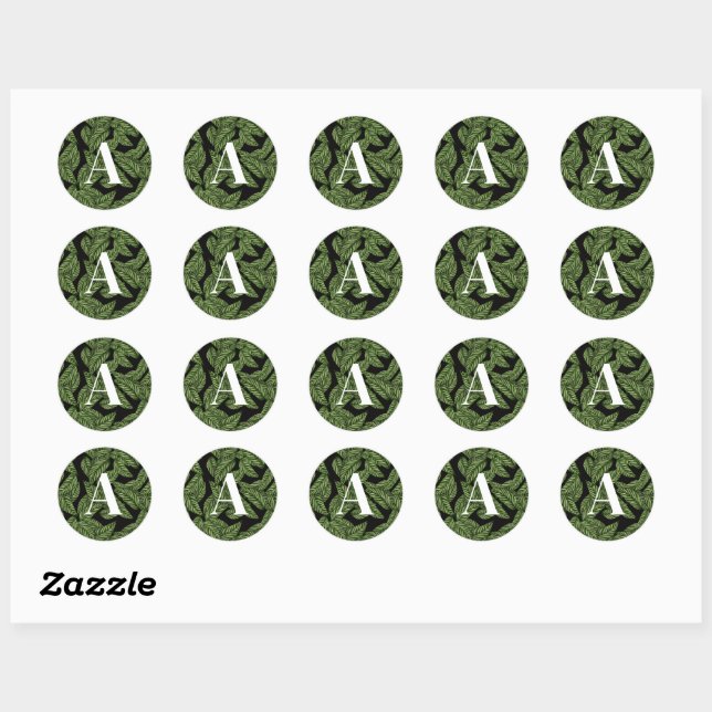 Modern Tropical Leaf Palm Plant Print Monogram  Classic Round Sticker (Sheet)