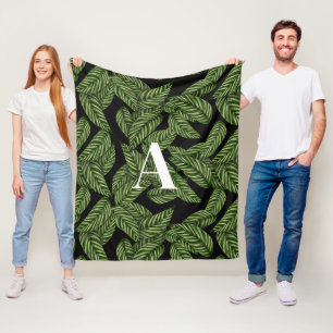 Modern Tropical Leaf Palm Plant Print Monogram  Fleece Blanket