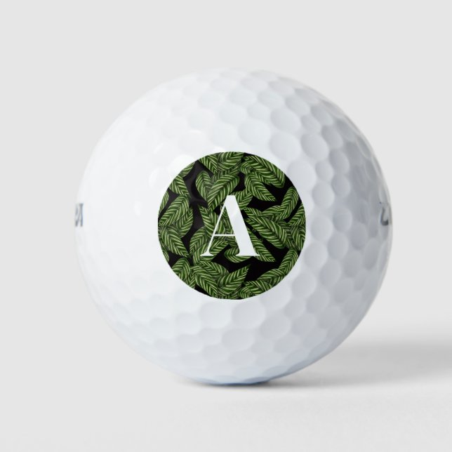 Modern Tropical Leaf Palm Plant Print Monogram  Golf Balls (Front)