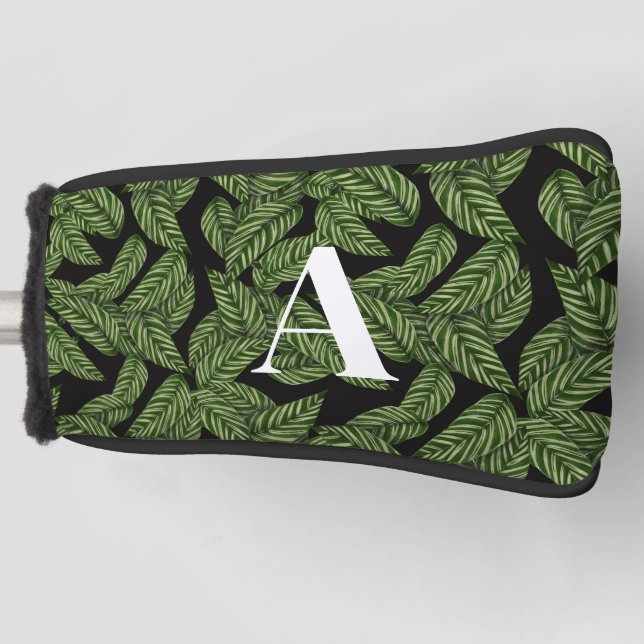 Modern Tropical Leaf Palm Plant Print Monogram  Golf Head Cover (Front)