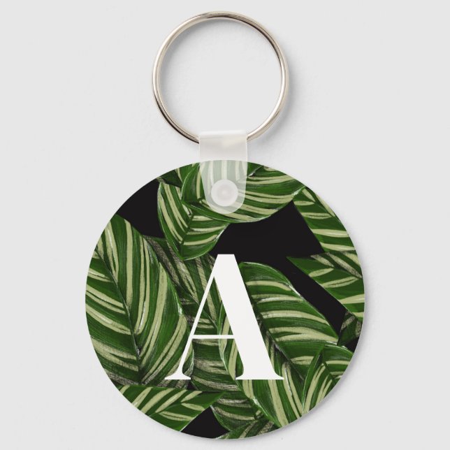 Modern Tropical Leaf Palm Plant Print Monogram  Key Ring (Front)