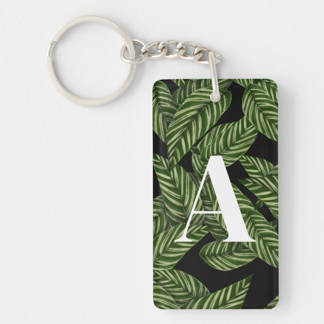 Modern Tropical Leaf Palm Plant Print Monogram  Key Ring (Front)