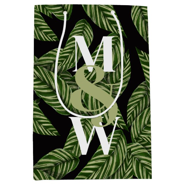 Modern Tropical Leaf Palm Plant Print Monogram  Medium Gift Bag (Front)