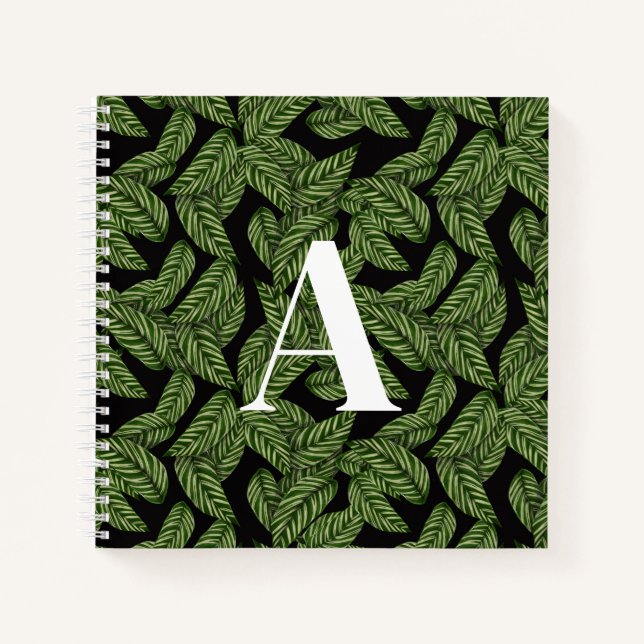 Modern Tropical Leaf Palm Plant Print Monogram  Notebook (Front)
