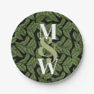 Modern Tropical Leaf Palm Plant Print Monogram  Paper Plate