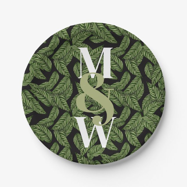 Modern Tropical Leaf Palm Plant Print Monogram  Paper Plate (Front)