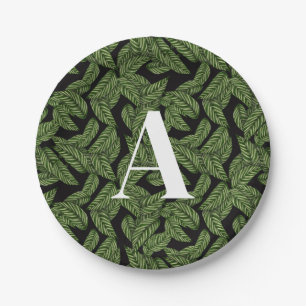 Modern Tropical Leaf Palm Plant Print Monogram  Paper Plate