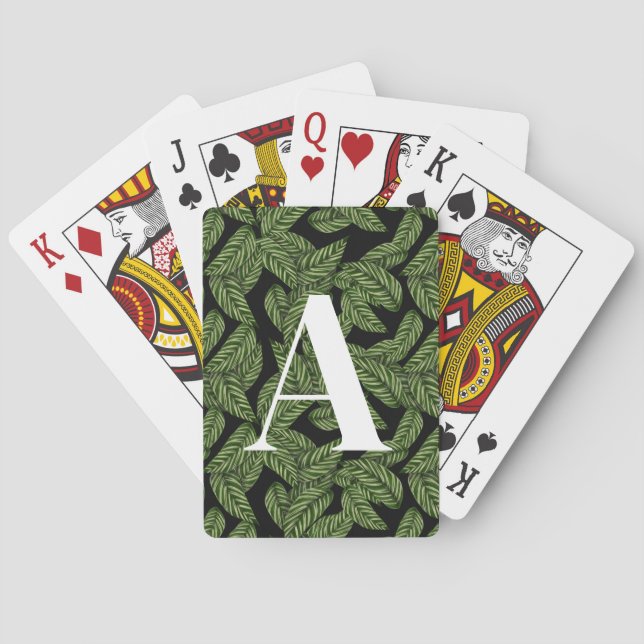 Modern Tropical Leaf Palm Plant Print Monogram  Playing Cards (Back)