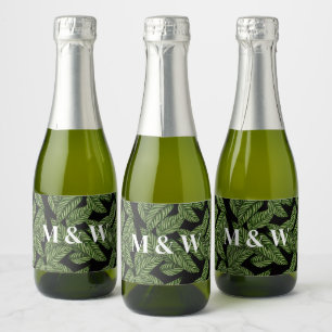Modern Tropical Leaf Palm Plant Print Monogram  Sparkling Wine Label