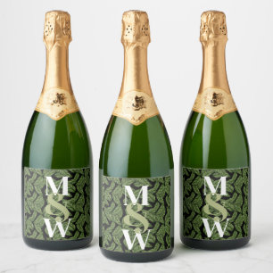 Modern Tropical Leaf Palm Plant Print Monogram  Sparkling Wine Label