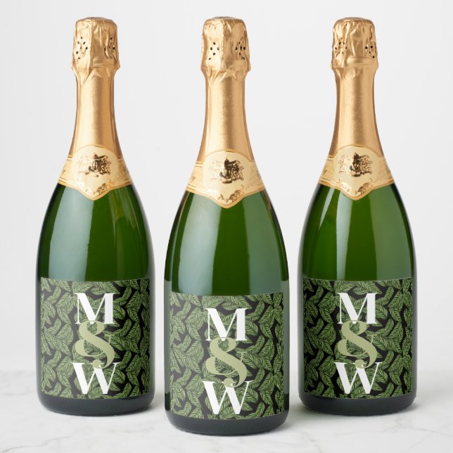 Modern Tropical Leaf Palm Plant Print Monogram  Sparkling Wine Label (Bottles)