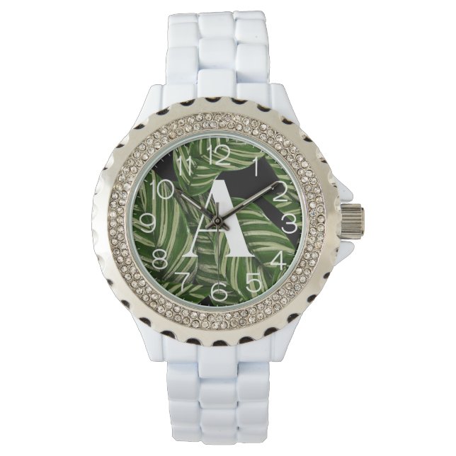 Modern Tropical Leaf Palm Plant Print Monogram  Watch (Front)