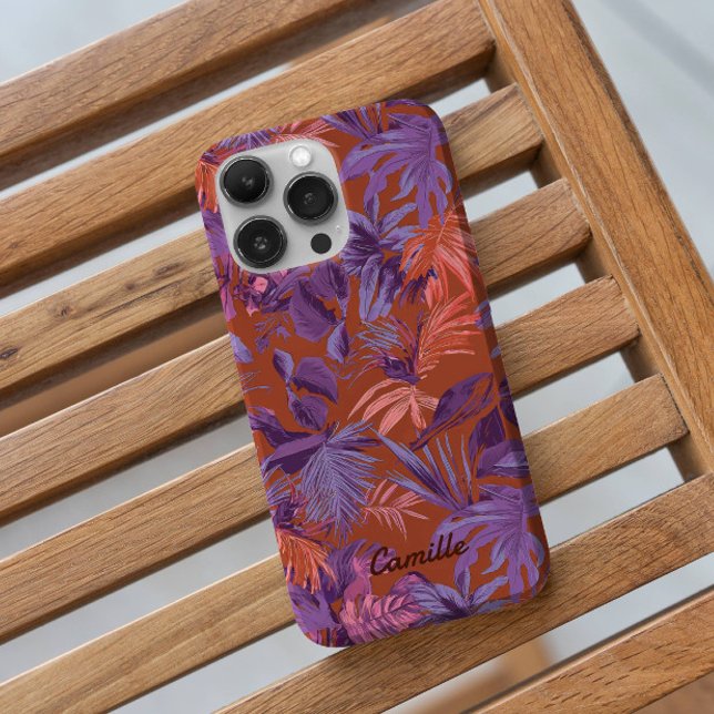 Modern Tropical Leaf Red Purple  Case-Mate iPhone Case (Modern Jungle Tropical Palm Leaf Red Purple Personalized Case-Mate iPhone Case)